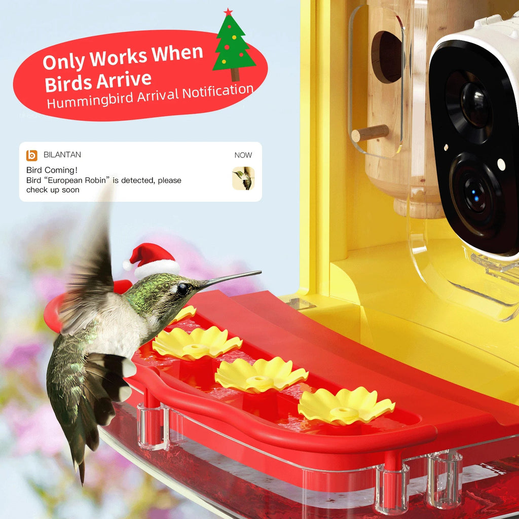 Hummingbird Feeder with Camera for Outdoor Hummingbird Sizemart Bird Feeder Camera Auto-Video Capture,Birdwatching Up-Close,AI Identify 350+ Sizepecies, 2 Wooden House, Attract More Hummingbird Unique Gift