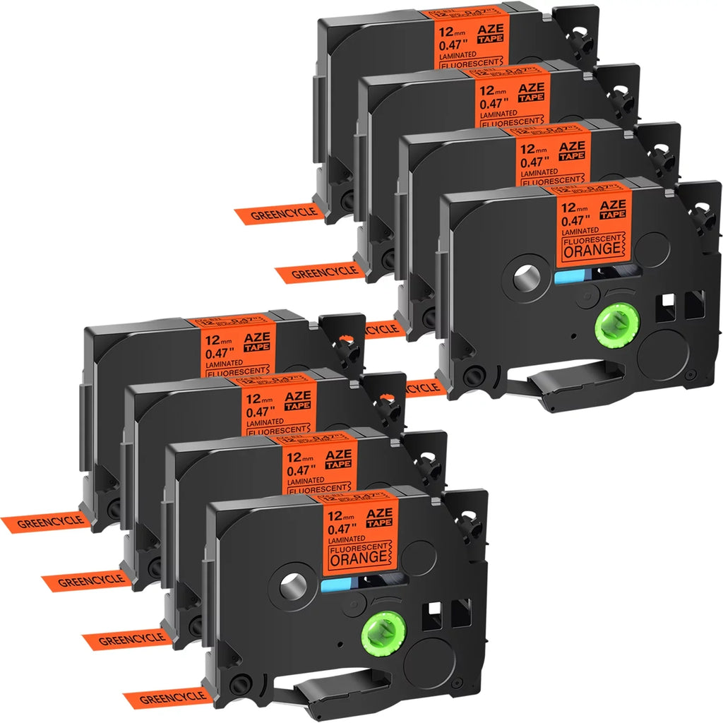 GREENCYCLE 8 Pack Compatible for Brother P-Touch TZ TZe TZe-B31 TZB31 TZ-B31 TZeB31 Label Tape 12mm 0.47'' Black on Fluorescent Orange Laminated use in Cube PT-D600 H110 D210 D400 Label Maker