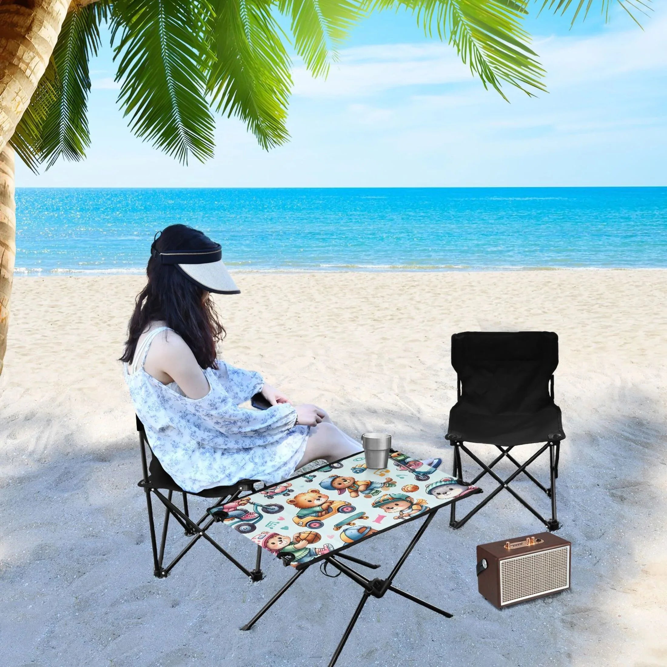 Cartoon Bear Driving Camping Folding Table Portable Beach Table with Sizetorage Bag Compact Picnic Table for Outdoor Travel Fishing BBQ