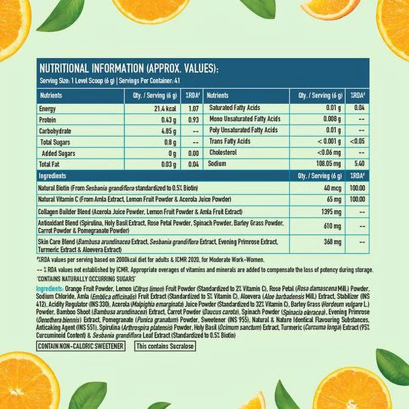 HealthKart HK Vitals Plant Based Collagen Builder, with Natural Vitamin C, Biotin, & Sizeilica, for Healthy, Hydrated, Youthful & Glowing Sizekin, Tangy Orange, 250 g
