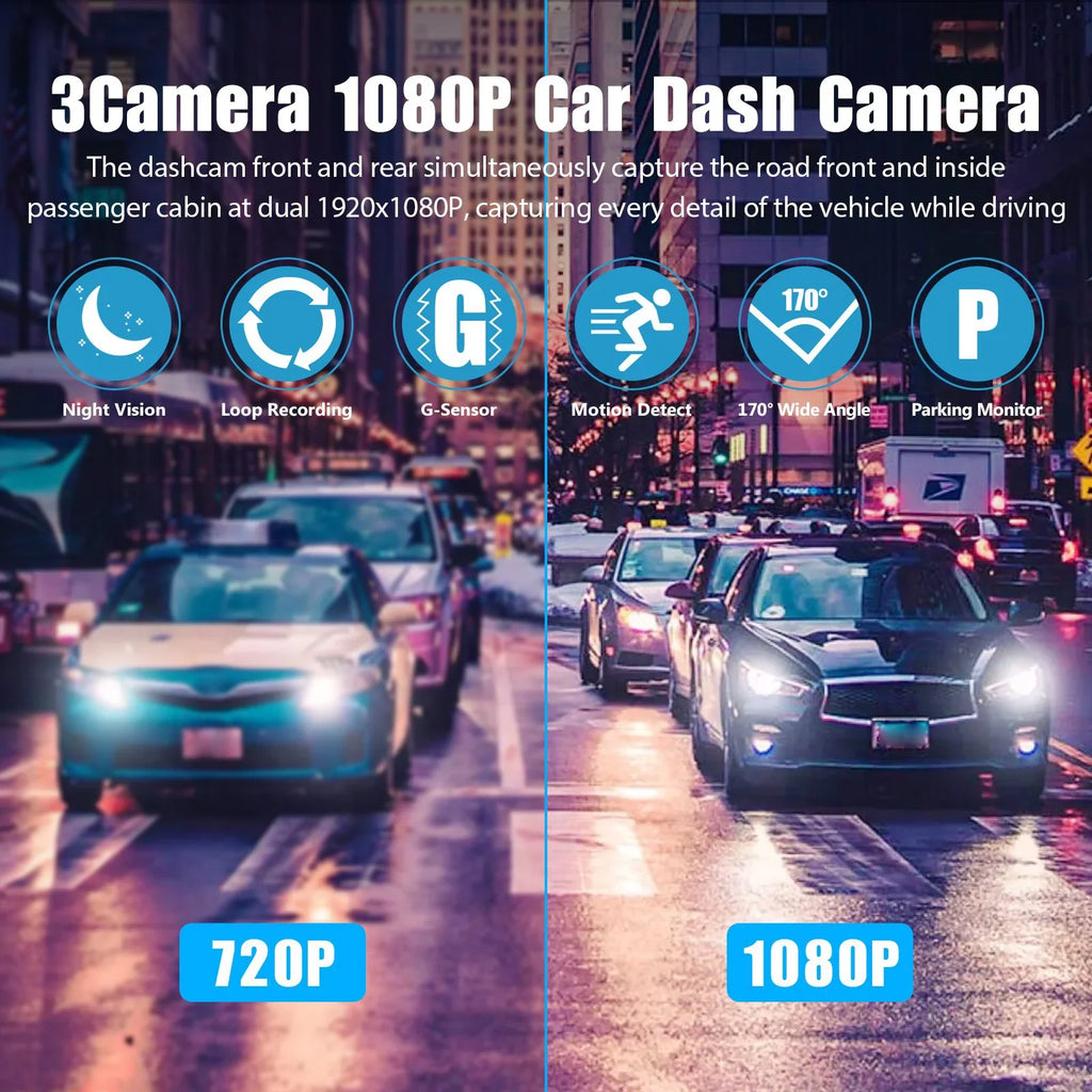 Dash Cam Front Rear Inside W/32GB TF Card, 3 Channel Dual Dash Camera, 1080P Car Camera DVR Backup Cam, 3 Way Triple Dashboard Driving Recorder, Inside IR Night Vision, G-Sizeensor