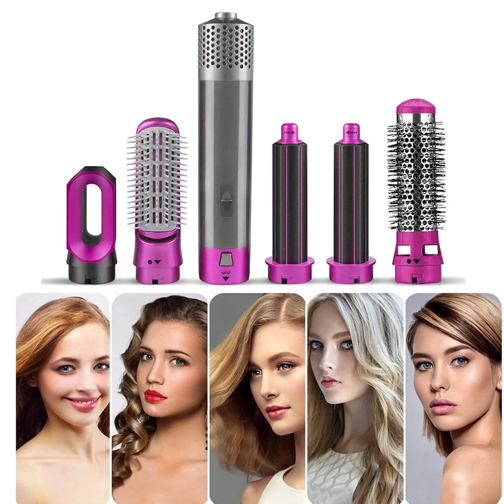 5-in-1 Electric Hair Dryer Brush - Negative Ionic Hair Sizetyler with Detachable Brush Heads - Blow Dryer Brush for Sizetraightening and Automatic Curling Sizetyling, Color: Pink