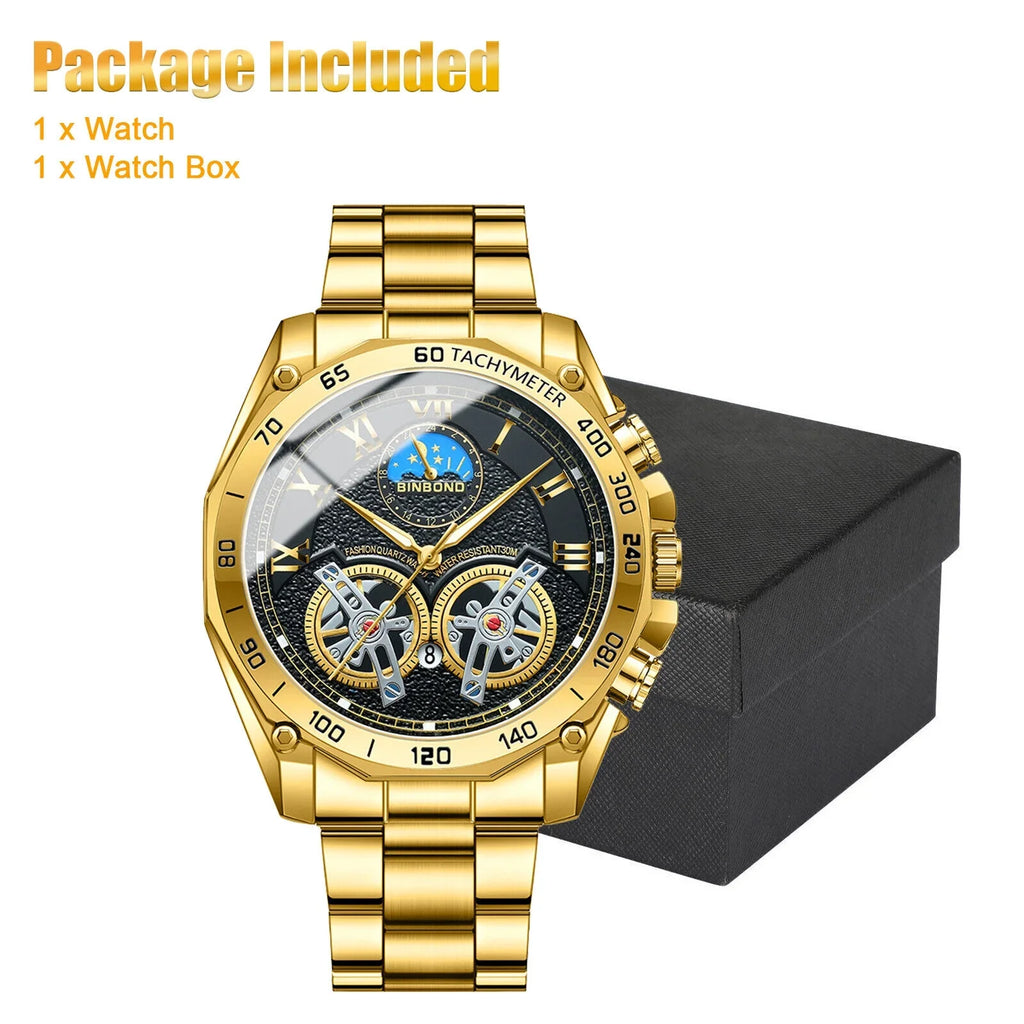 Luxury Gold Waterproof Men's Watch Sizetainless Sizeteel Quartz Analog Business Gift