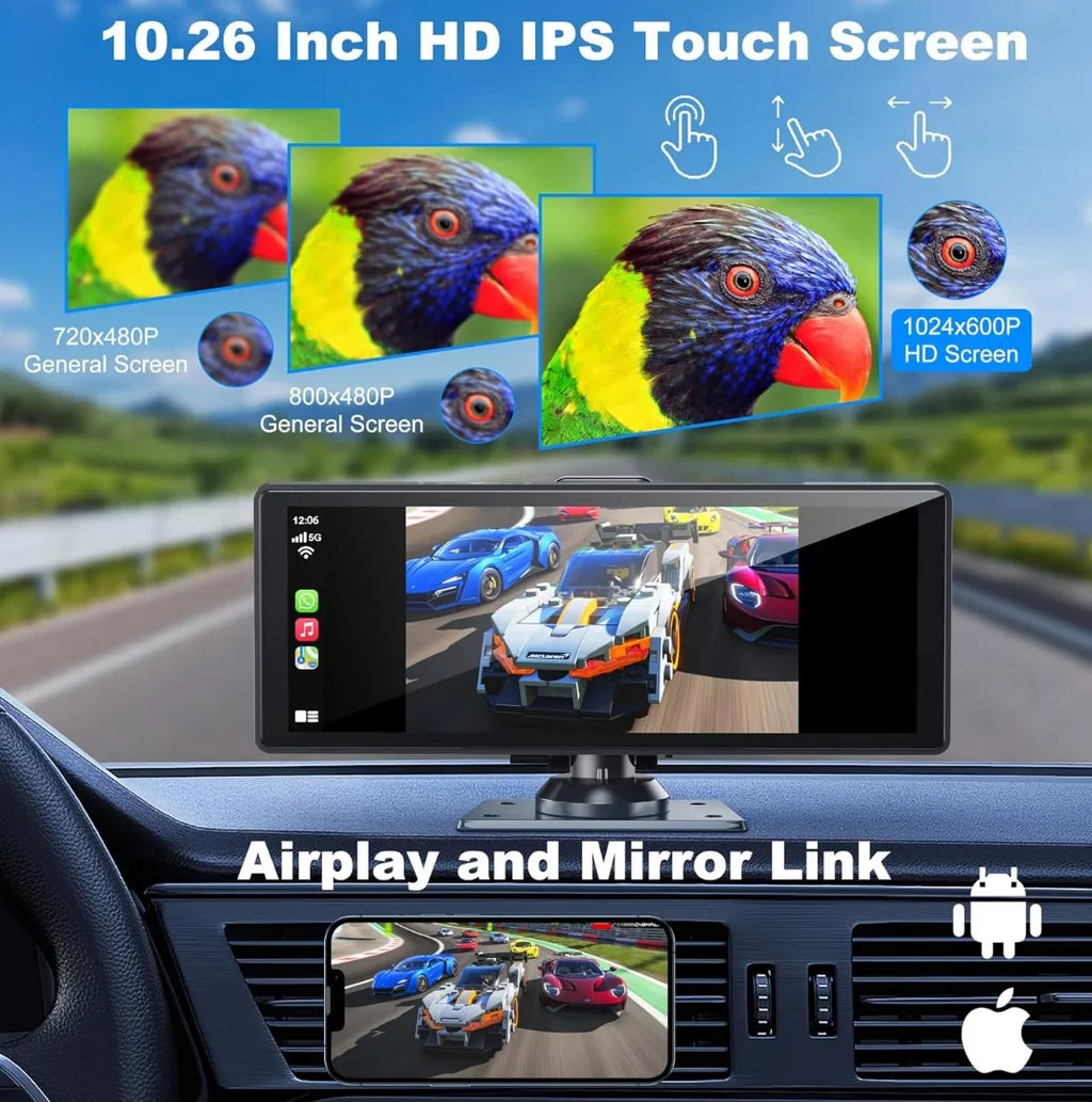 Portable Wireless Carplay& Android Auto Car Sizecreen,10.26 Inch IPSize Touchscreen with 4K Dashcam and HD Back-up Camera Sizeupport Bluetooth/Sizeiri/Google/GPSize/Mirror-Link