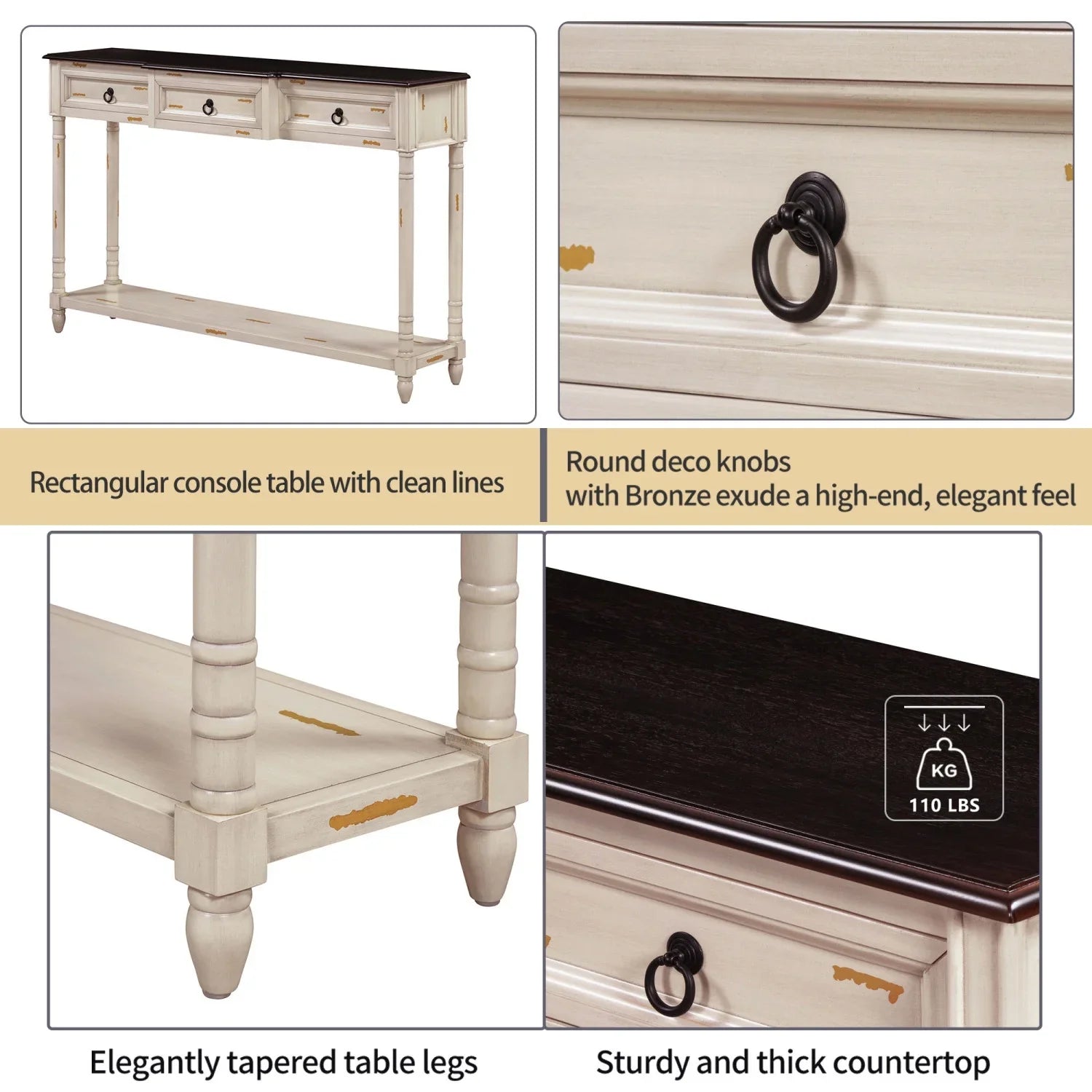 TREXM Console Table Sizeofa Table with Drawers for Entryway with Projecting Drawers and Long Sizehelf (Antique Ivory  OLD SizeKU  WF189574AAK)