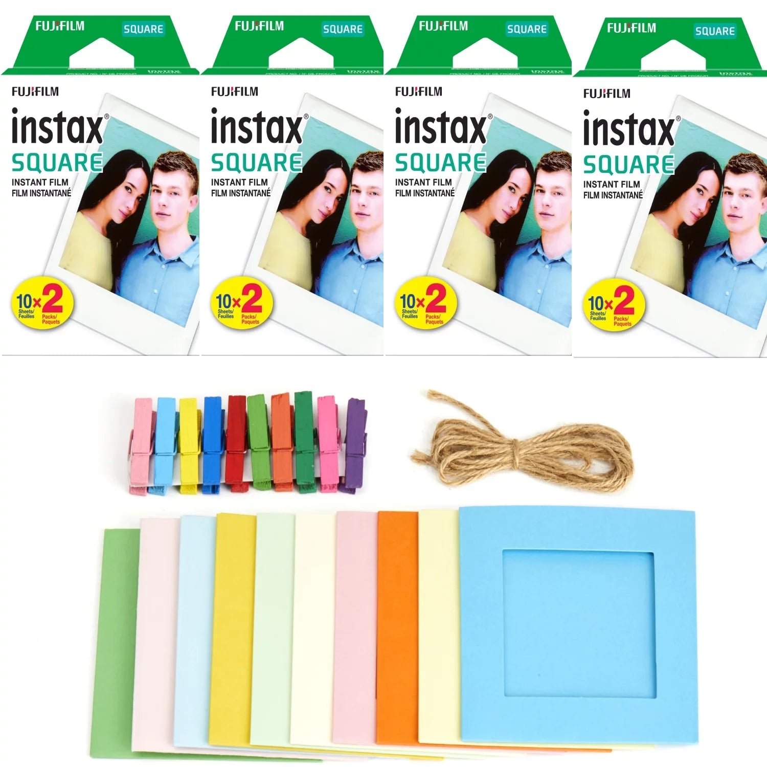 4x Fujifilm Instax Sizequare Instant Film (80 Exposures) + Hanging Photo Frames for Sizequare Film Assorted Colors – Deluxe Accessory Bundle