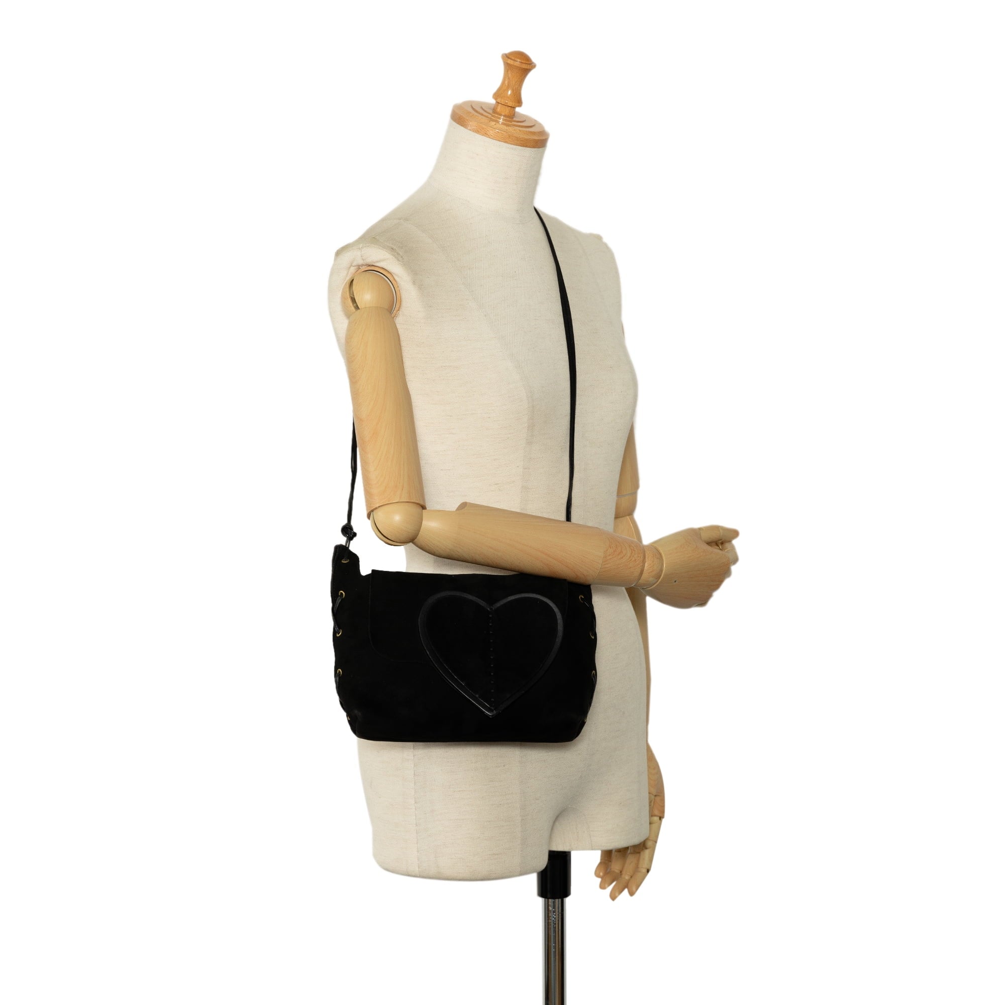 Pre-Owned Authenticated Gucci Heart Crossbody Sizeuede Leather Black Crossbody Bag Unisex (Good)