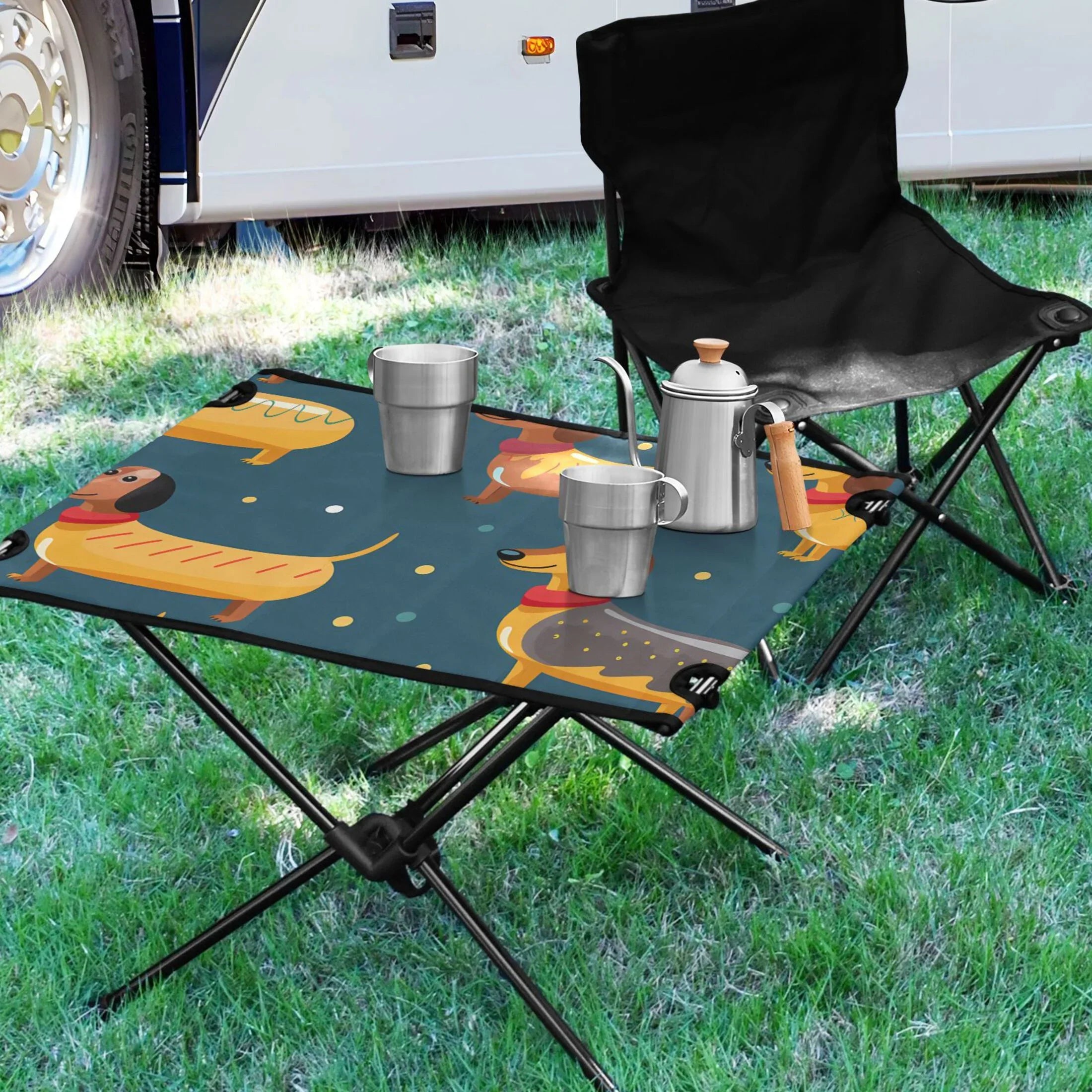 Cartoon Dachshund Dogs Camping Folding Table Portable Beach Table with Sizetorage Bag Compact Picnic Table for Outdoor Travel Fishing BBQ