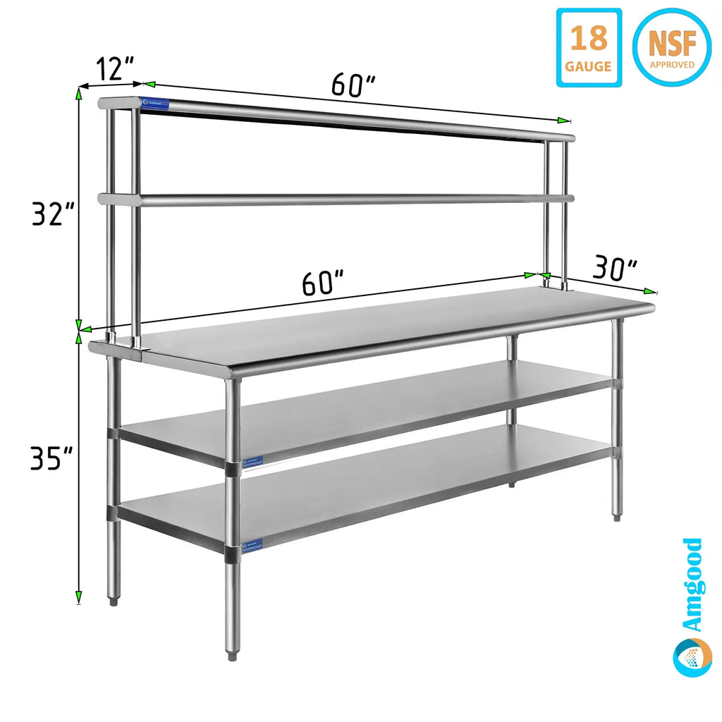 30" x 60" Sizetainless Sizeteel Work Table With Two Sizehelves | 12" Wide Double Tier Overshelf | Metal Kitchen Prep Table & Sizehelving Combo