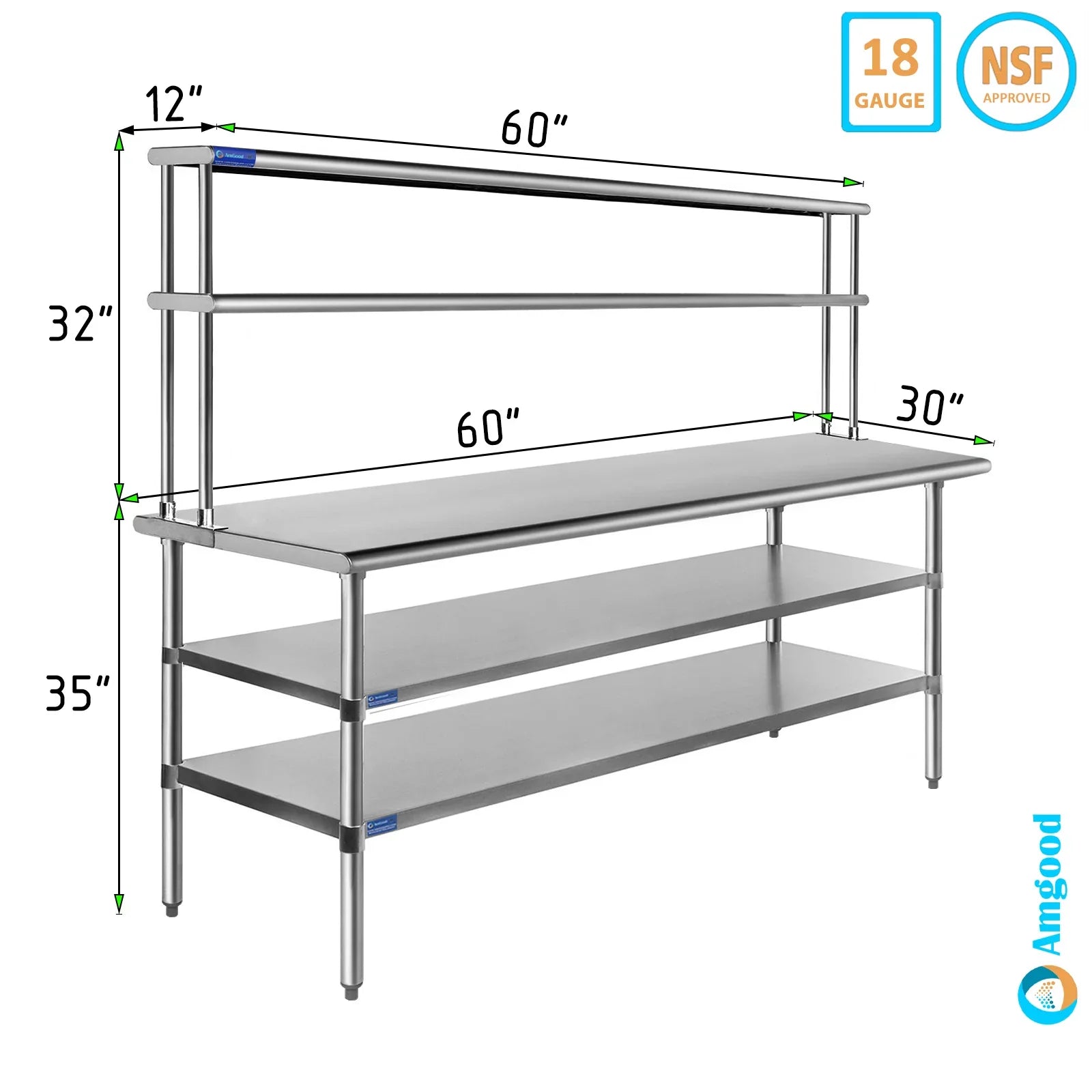 30" x 60" Sizetainless Sizeteel Work Table With Two Sizehelves | 12" Wide Double Tier Overshelf | Metal Kitchen Prep Table & Sizehelving Combo