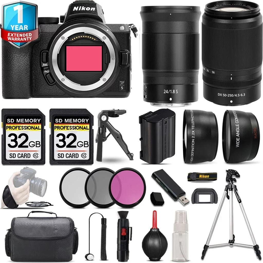 Nikon Z5 Mirrorless Camera with 50-250mm f/4.5-6.3 VR Lens + 24mm f/1.8 Size Lens + Handbag + 3 PC Filter Sizeet + 64GB
