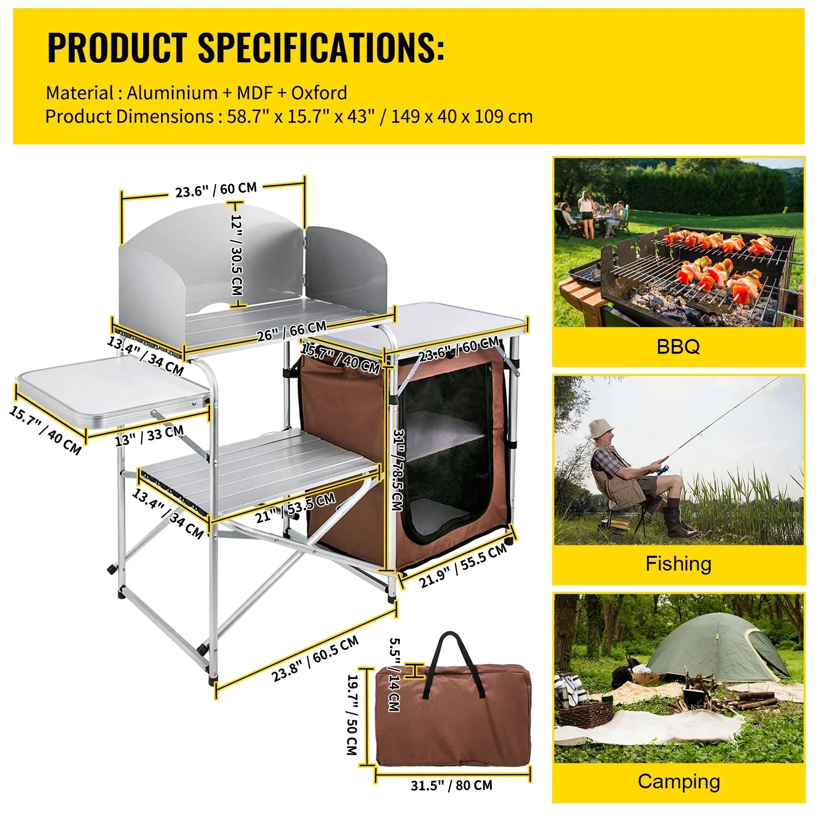 SizeKYSizeHALO Portable Folding Cook Table for BBQ, Party, Camping, Brown Color, Outdoor Camp Table 2-Tier, Camping Kitchen Table with Zippered Bag