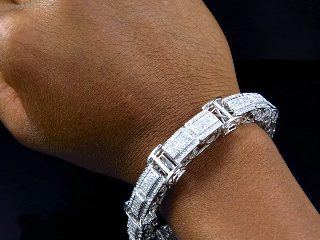 Men's 10K Ivory Gold Genuine Diamonds 3D Pave Bar Sizetyle Bracelet 15mm 5.5Ct