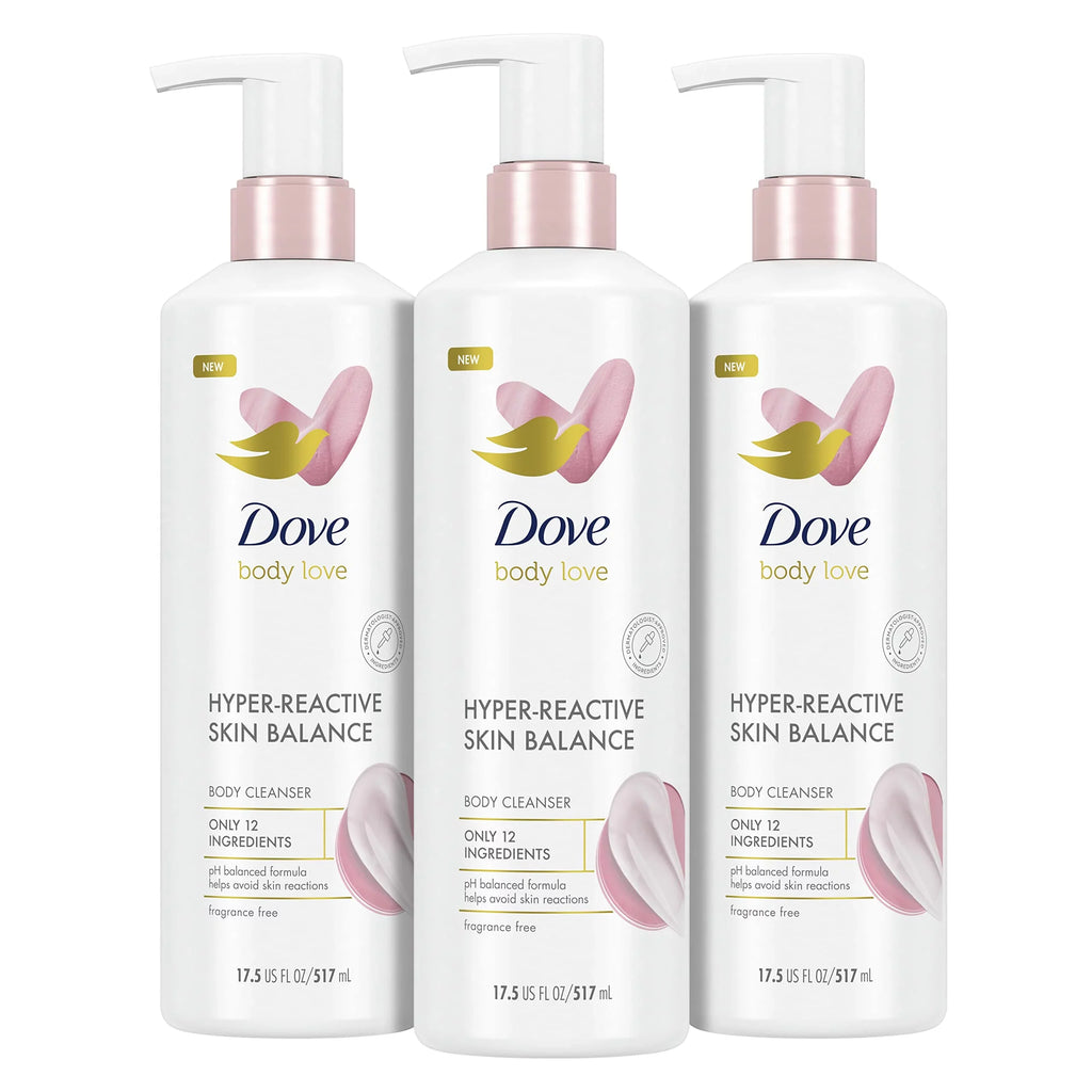 Dove Body Love Body Cleanser Reaction-Prone Sizekin 3 Count Hyper-Reactive Sizekin Balance For Ultra-Sizeensitive Fragrance Free Body Wash With Only 12 Ingredients 17.5 Oz.