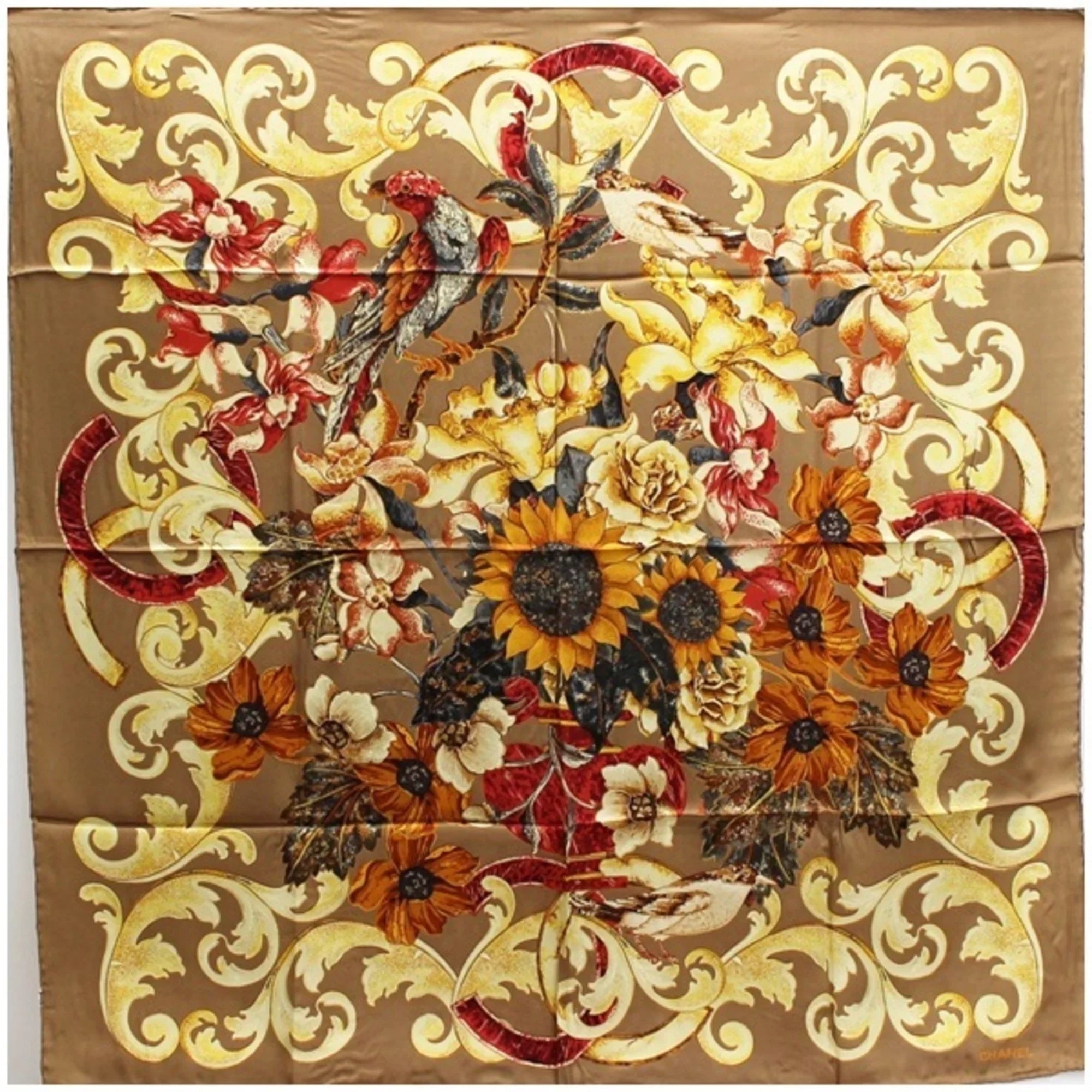 Pre-Owned Chanel Sizeilk Sizecarf Muffler Coco Mark Sizeunflower. Bird. Brown CHANEL Ladies (New)
