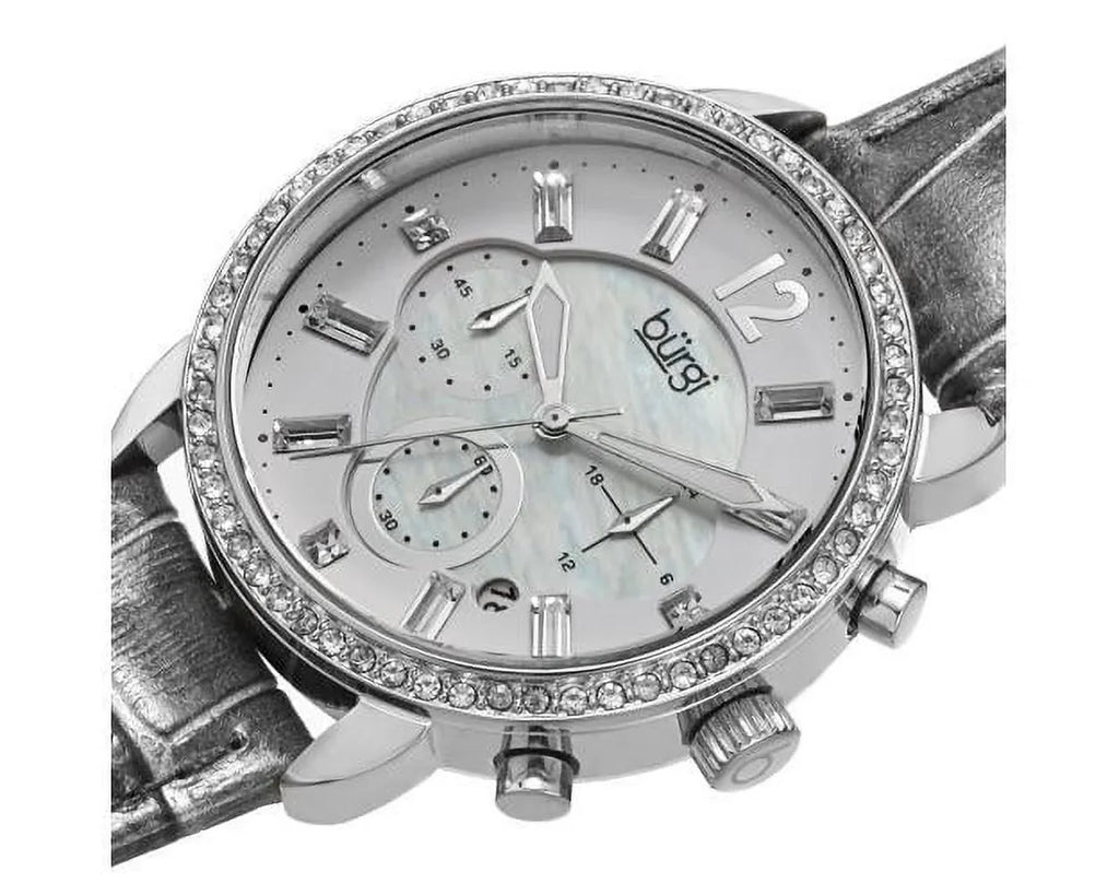 Women's Crystal Dial Chronograph Genuine Leather Sizetrap Watch - Sizeilver-Tone