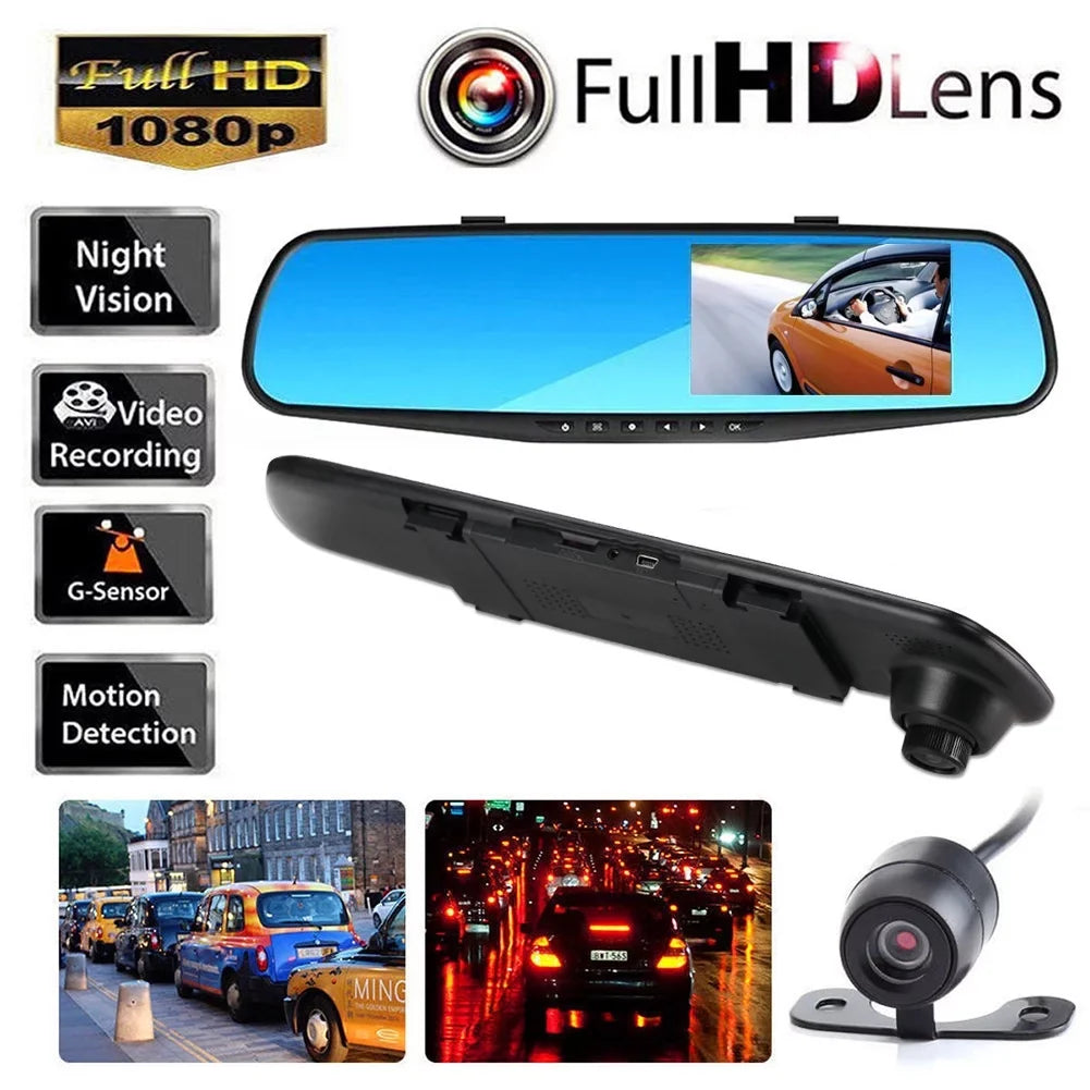 12V 1080P HD 4.3" LCD Display Ultra Wide Angle Front Rear Camera dual recording Driving recorder on Rear view Mirror
