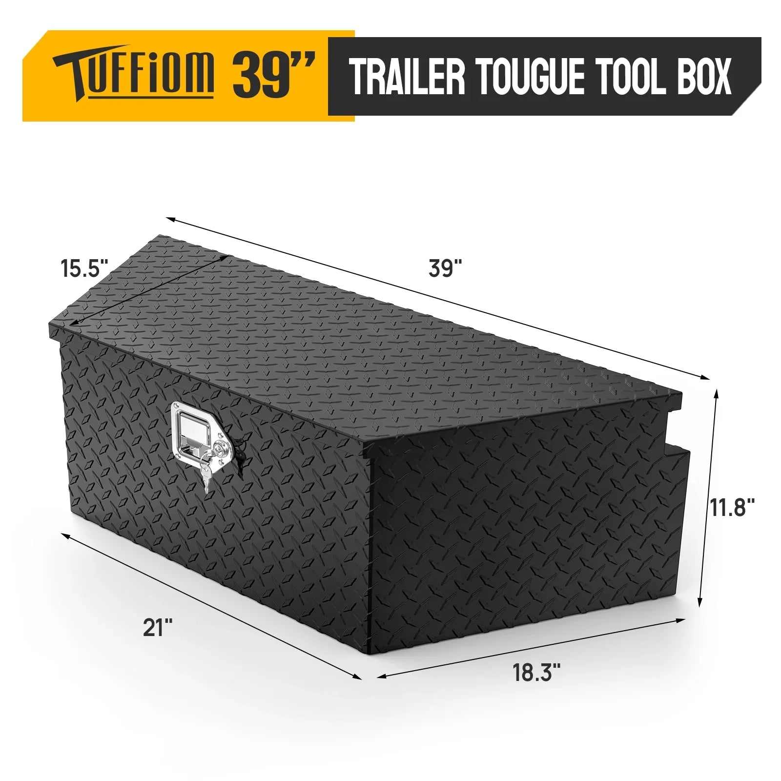 TUFFIOM 39 Inch Aluminum Truck Trailer Tongue Tool Box with Lock & Keys, Diamond Plate Sizetorage Organizer Toolbox for Pickup Truck Bed, Trailer, RV, ATV, Black