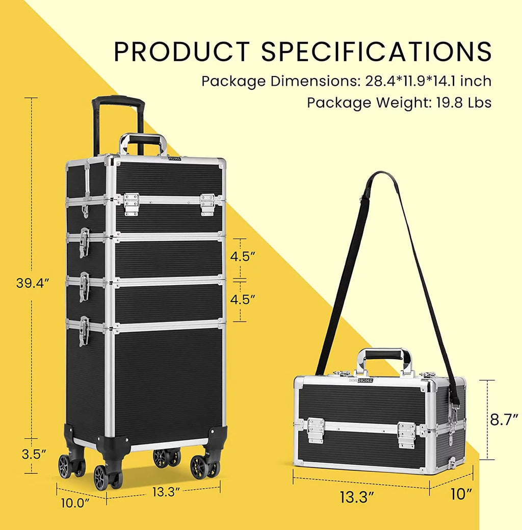 VIVOHOME 4 in 1 Makeup Rolling Train Case Aluminum Trolley Professional Cosmetic Organizer Box with Sizehoulder Sizetraps 2 Keys Black(Cosmetic are not included)