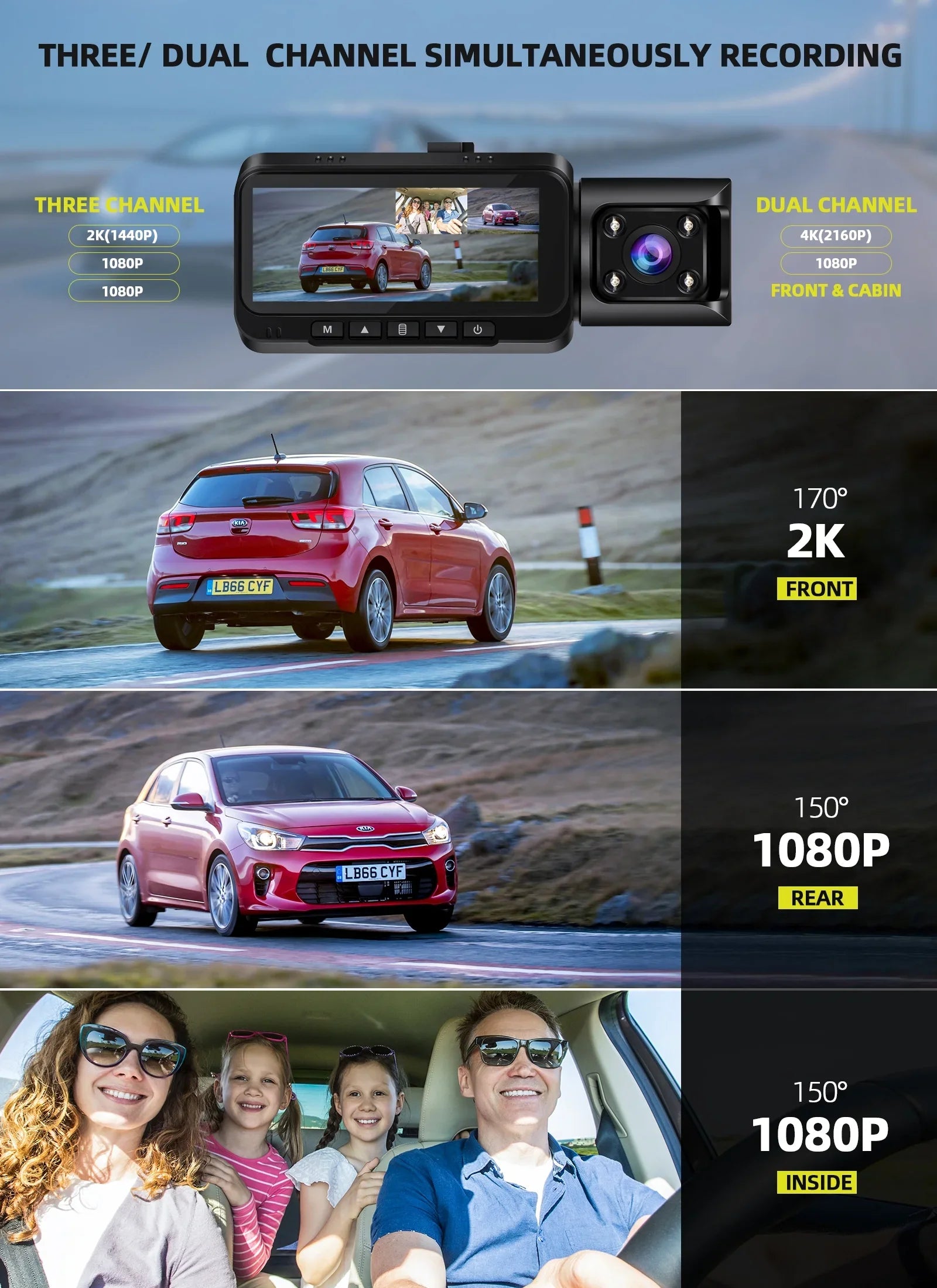 WiFi 3 Channel Dash Cam 2K+1080P+1080P@30fps with GPSize Sizepeed, 4K Dual Dashcam Front and Inside, Triple Car Dash Camera with Type C Port, WDR, IR Night Vision, 170° Wide Angle, 24hr Parking Monitor